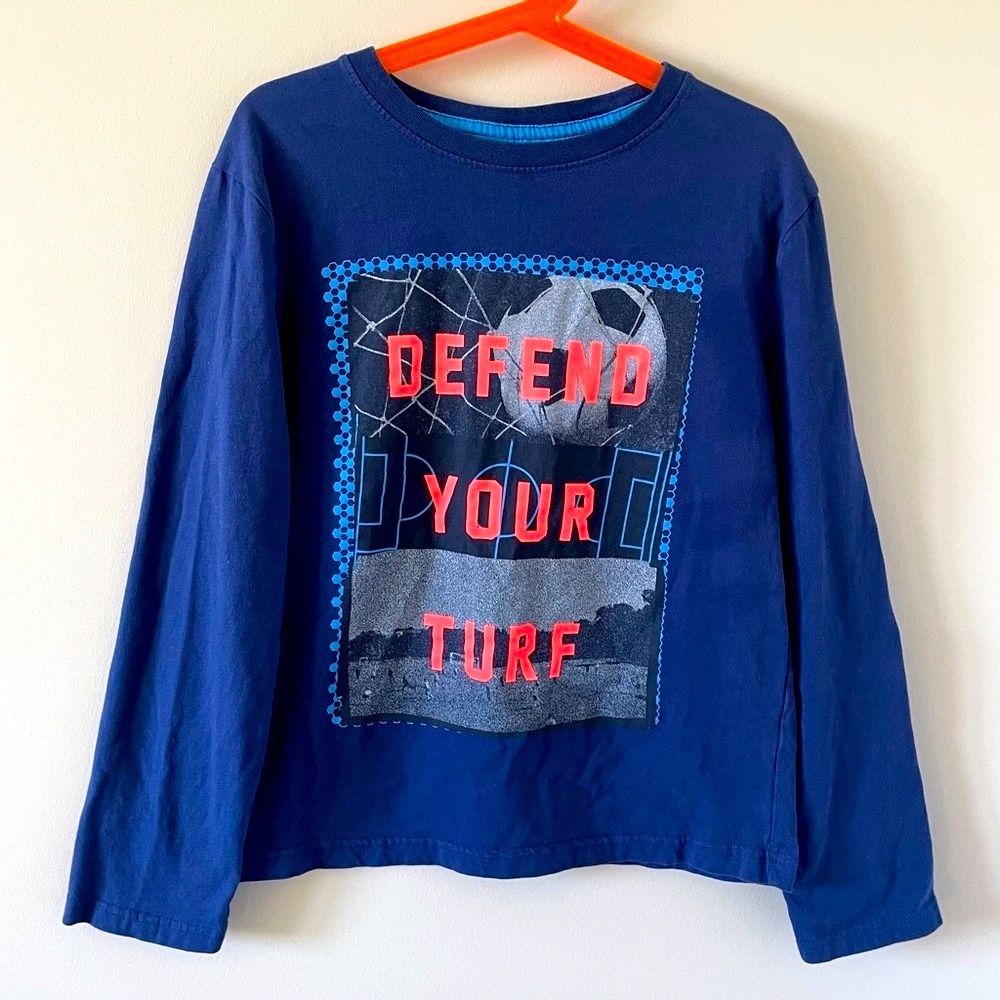 Boys Printed Soccer Long Sleeve T-Shirt - ‘Defend Your Turf’ - Blue